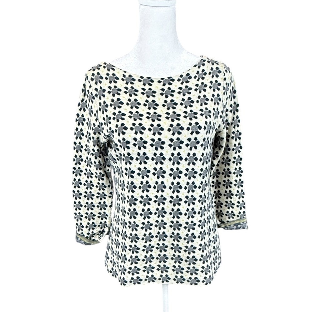 Field Flower Anthropologie Knit Top Womens Medium Cream Floral Boat Neck Cottage
